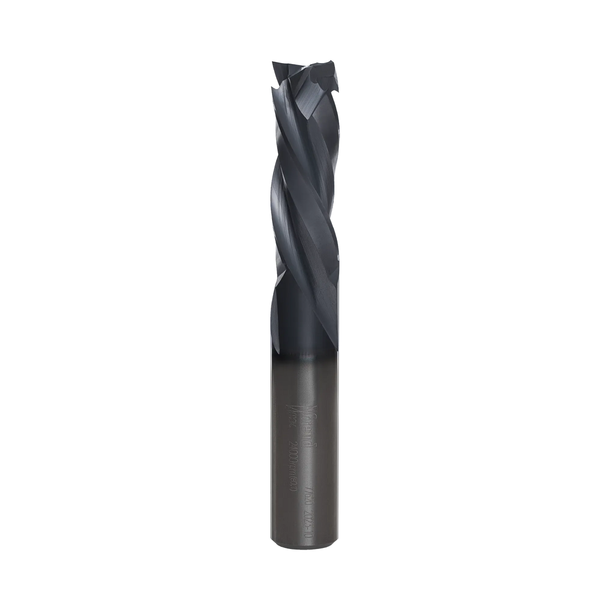 A studio product shot of the Freud 77-620 three-flute mortise compression spiral router bit, featuring a solid carbide body with a polished silver shank and a dark blue-black coated spiral cutting tip.