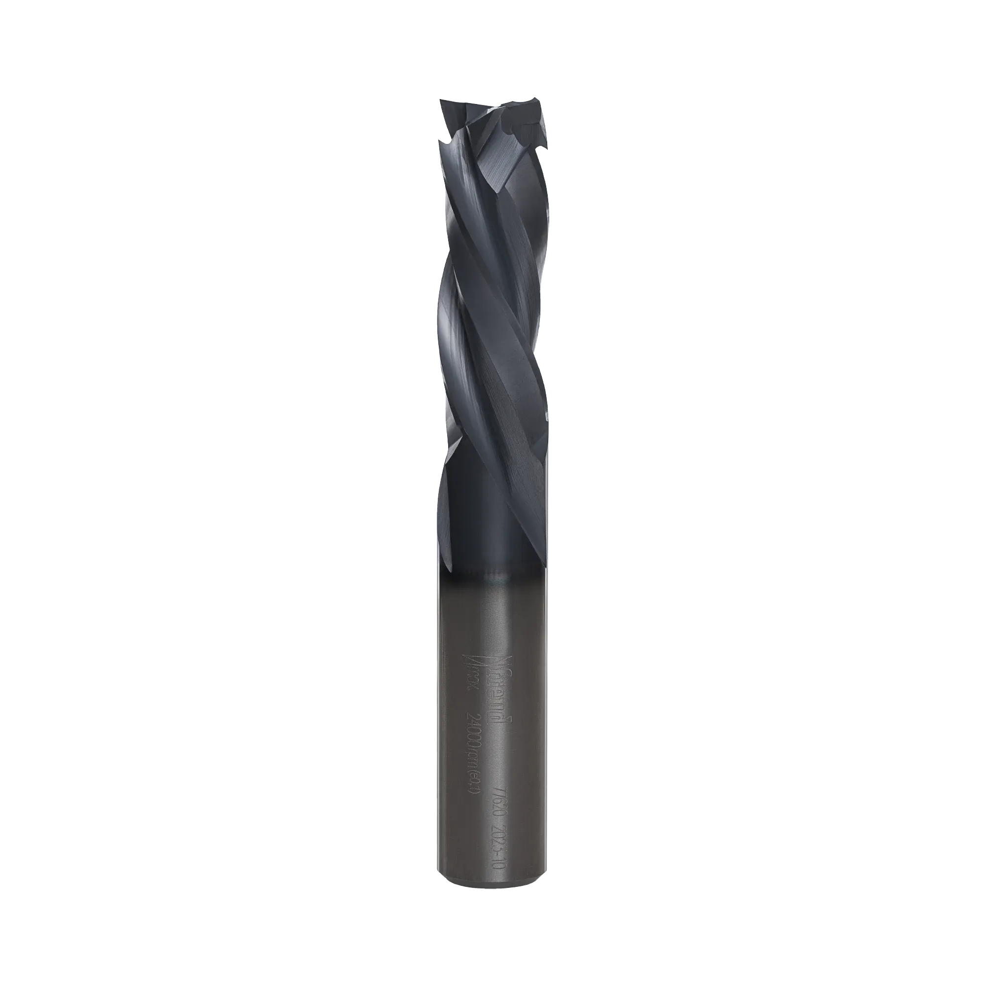 A studio product shot of the Freud 77-620 three-flute mortise compression spiral router bit, featuring a solid carbide body with a polished silver shank and a dark blue-black coated spiral cutting tip.