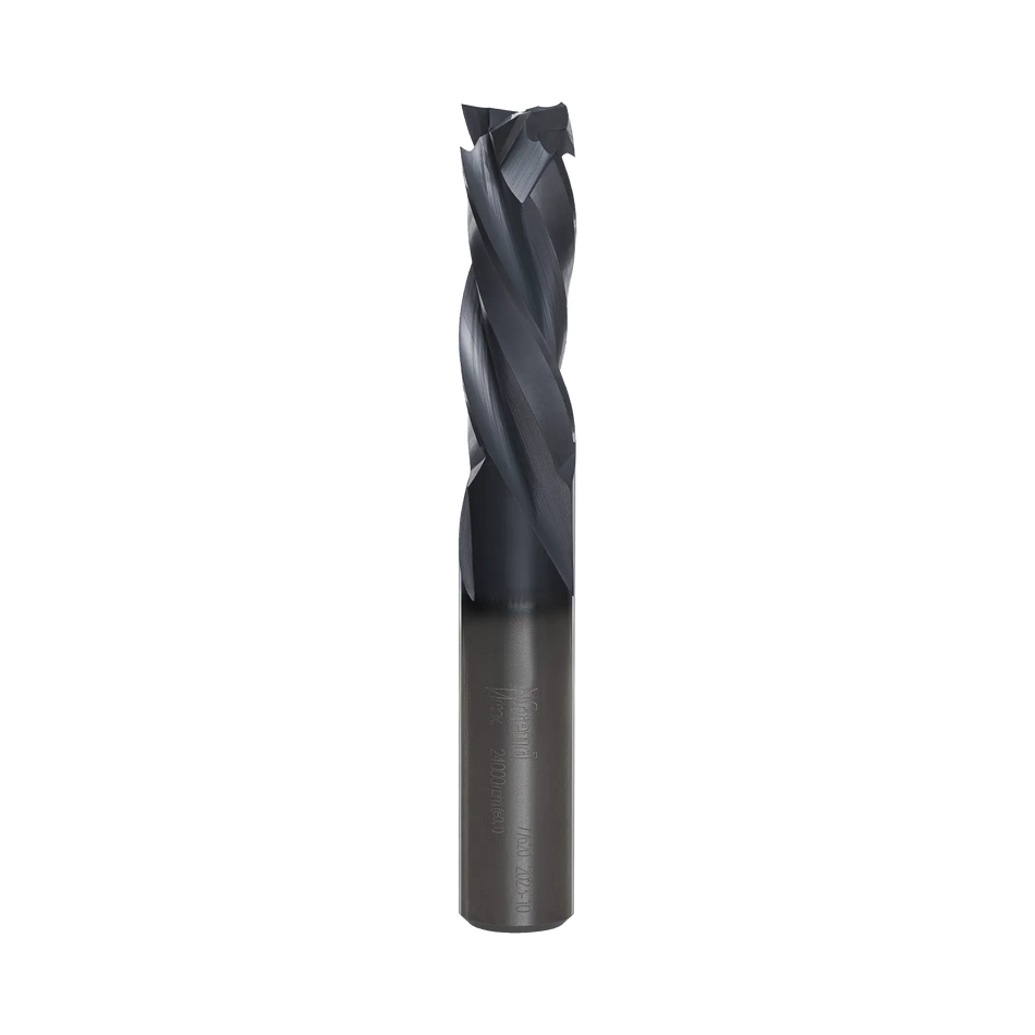 A studio product shot of the Freud 77-620 three-flute mortise compression spiral router bit, featuring a solid carbide body with a polished silver shank and a dark blue-black coated spiral cutting tip.