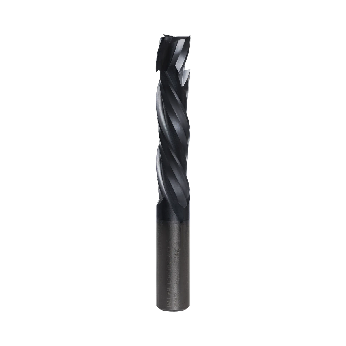 A studio product shot of the Freud 77-624 three-flute mortise compression spiral router bit, featuring a solid carbide body with a polished silver shank and a dark blue-black coated spiral cutting tip.