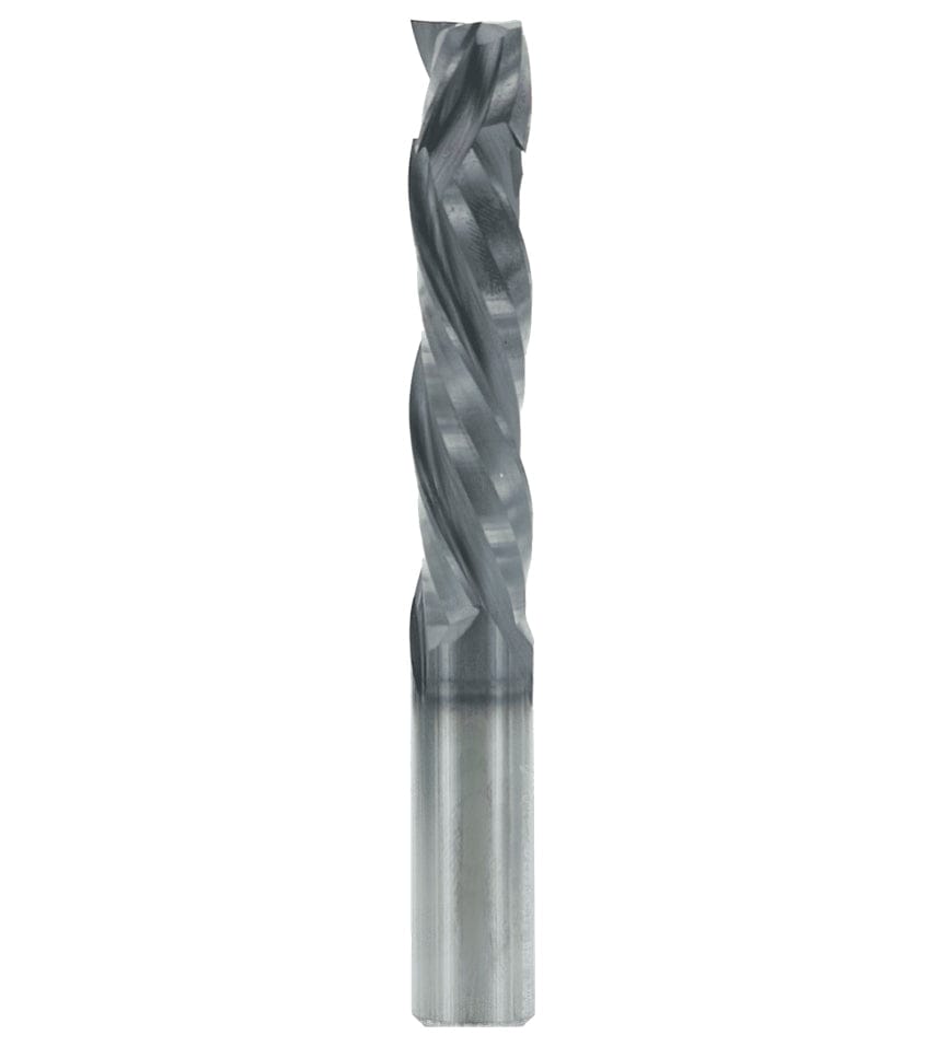 A studio product shot of the Freud 77-624 three-flute mortise compression spiral router bit, featuring a solid carbide body with a polished silver shank and a dark blue-black coated spiral cutting tip.