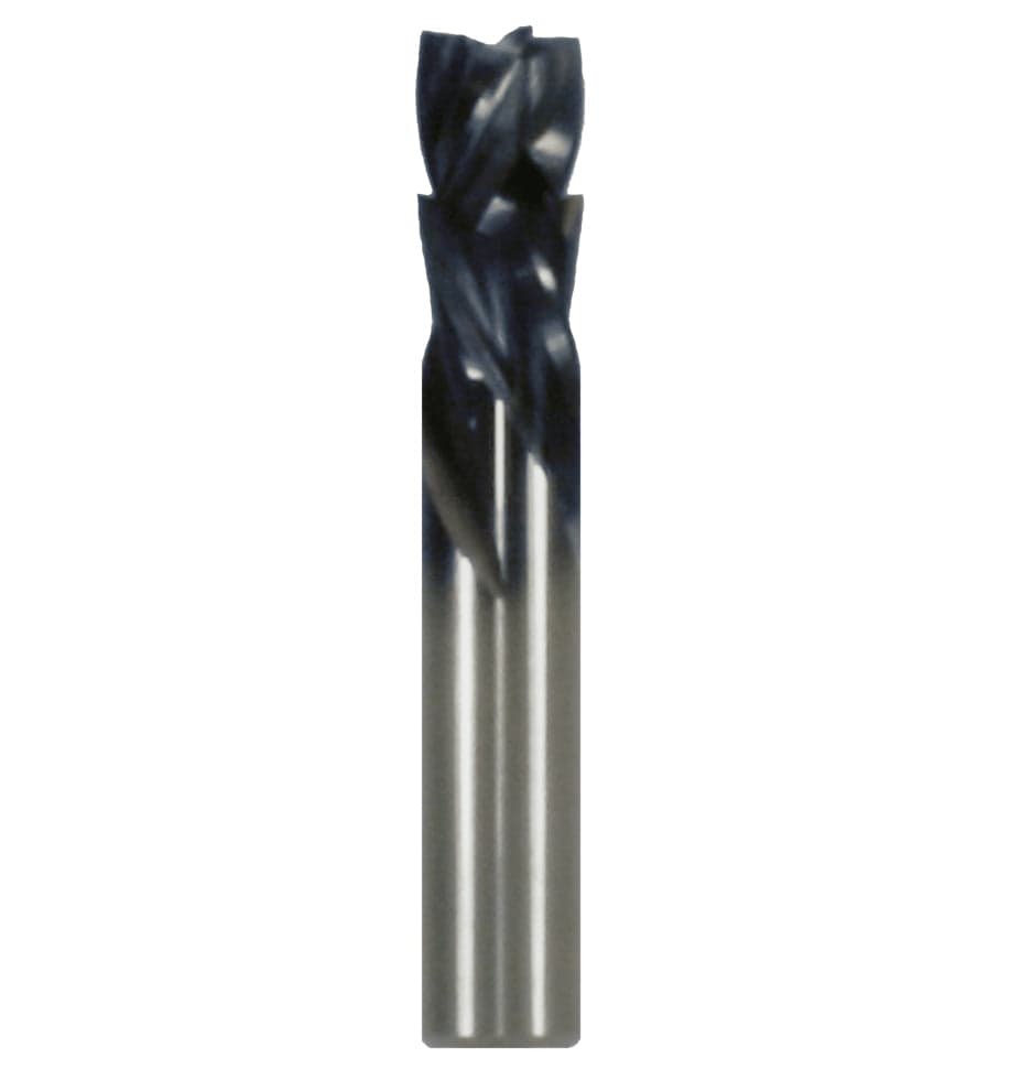 A studio product shot of the Freud 77-707 four-flute mortise compression spiral router bit, featuring a solid carbide body with a polished silver shank and a dark blue-black coated spiral cutting tip.
