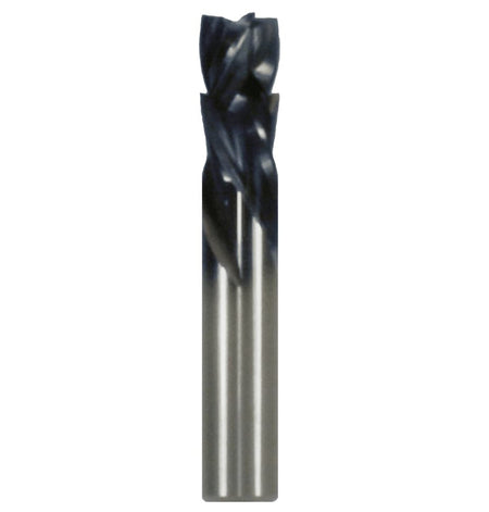 A studio product shot of the Freud 77-707 four-flute mortise compression spiral router bit, featuring a solid carbide body with a polished silver shank and a dark blue-black coated spiral cutting tip.