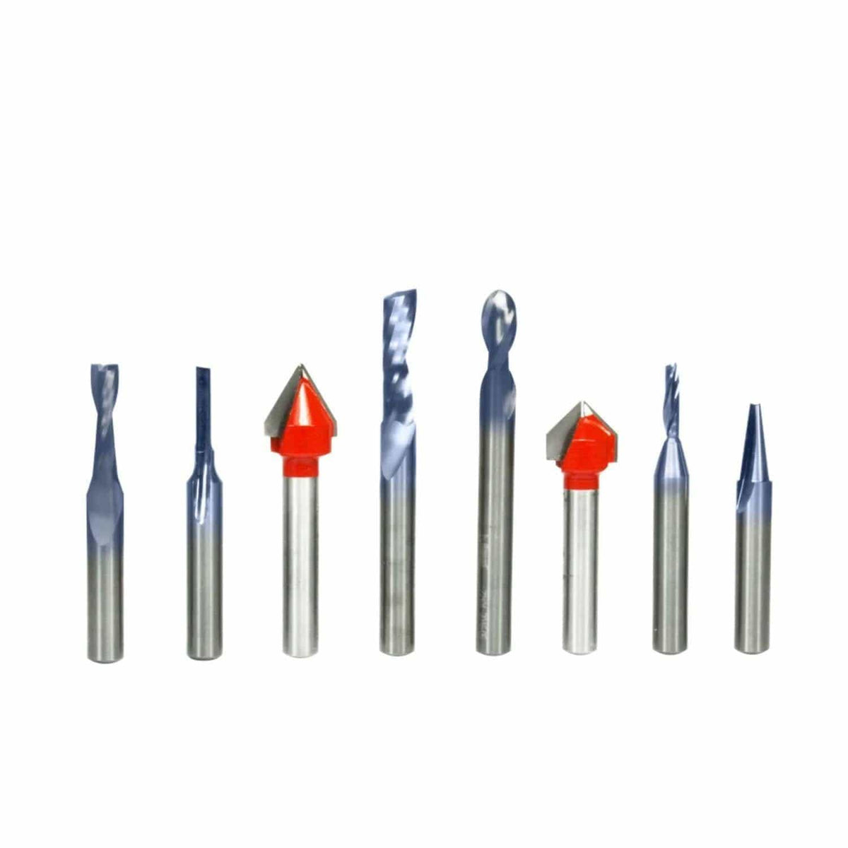 Eight CNC router bits laid out horizontally, each with distinct cutting shapes. Includes fluted, pointed, and rounded tips, designed for carving, engraving, and shaping wood, plastic, or metal materials.
