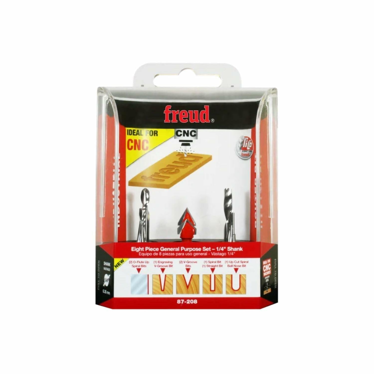 Retail-packaged Freud 8-piece CNC router bit set with 1/4" shank. Clear plastic cover displays vertically arranged bits. Packaging highlights TiCo carbide, Black I.C.E. coating, and compatibility with wood, plastic, and aluminum.