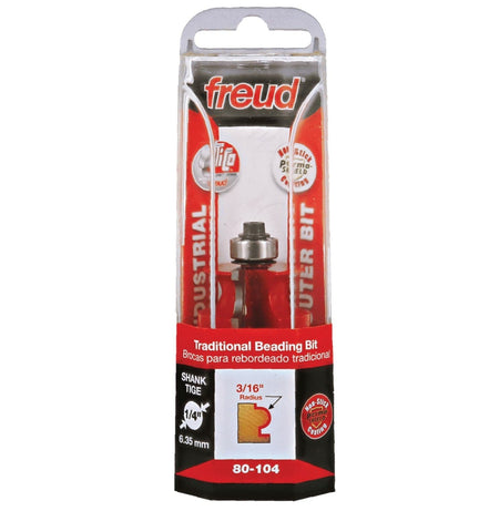 Freud 80-104 traditional beading router bit displayed in its protective retail packaging, highlighting the 1/4-inch shank and 3/16-inch cutting radius.