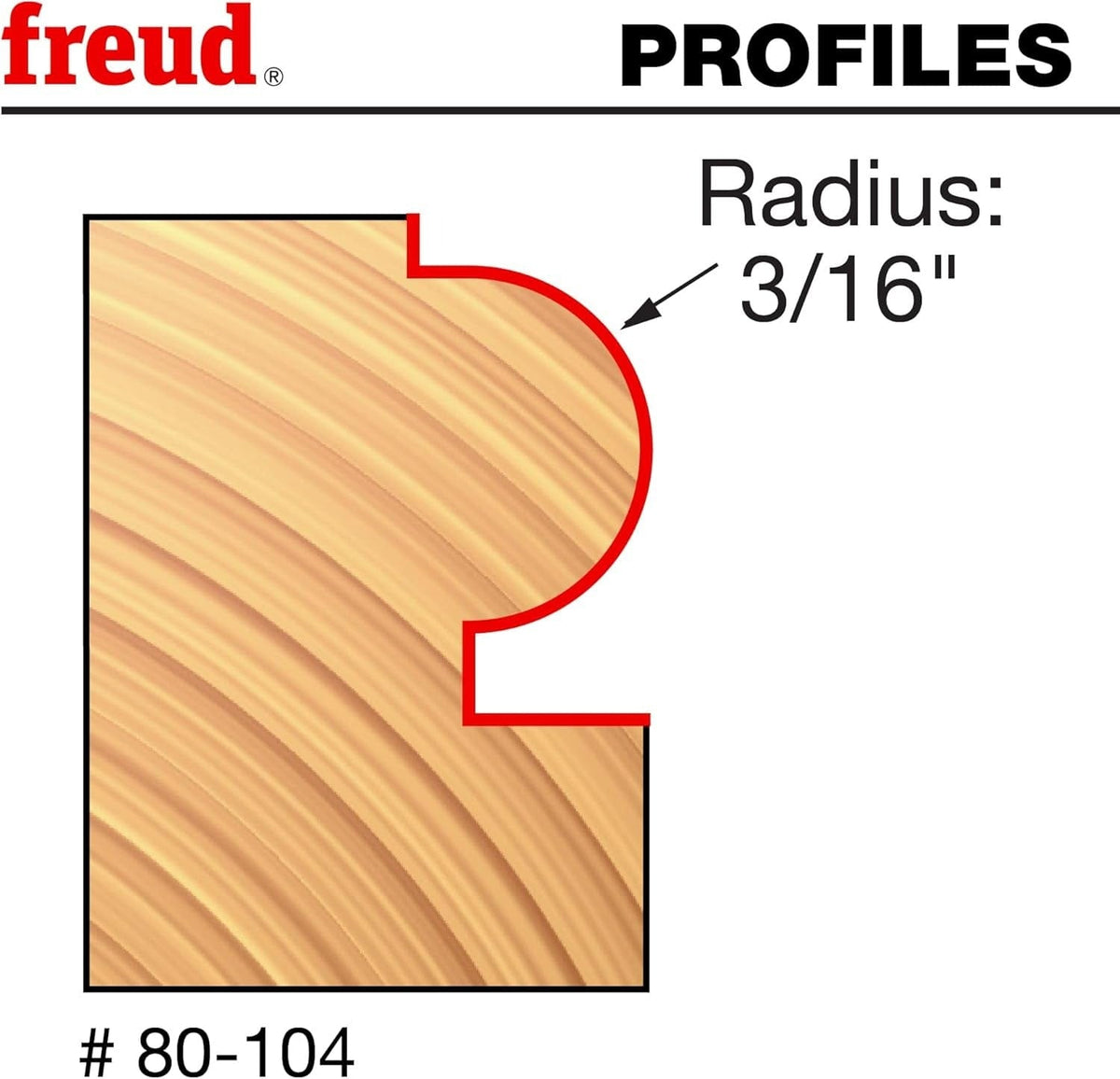 Woodworking profile diagram illustrating the precise 3/16-inch radius half-round bead and square shoulder created by the Freud 80-104 router bit on solid wood.