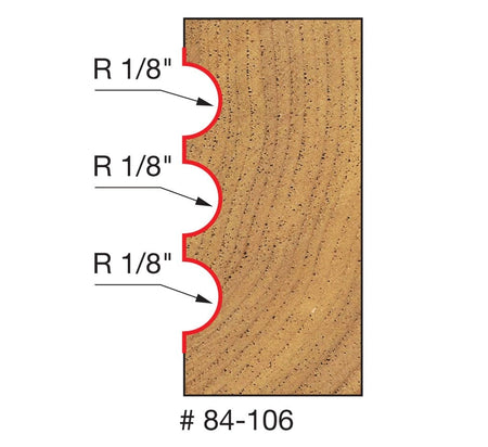 A technical diagram of a wood profile produced by the Freud 84-106 bit, illustrating three identical 1/8-inch radius beads or flutes with red lines highlighting the curved cutting paths.
