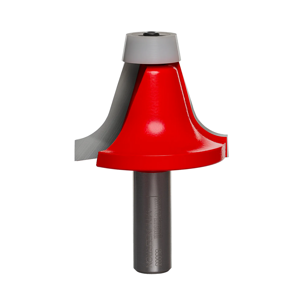 Studio shot of the Freud 85-003 Round Over Bowl Router Bit featuring a red Perma-SHIELD coated body, a 1/2-inch shank, and a white non-marring synthetic conical bearing at the top.