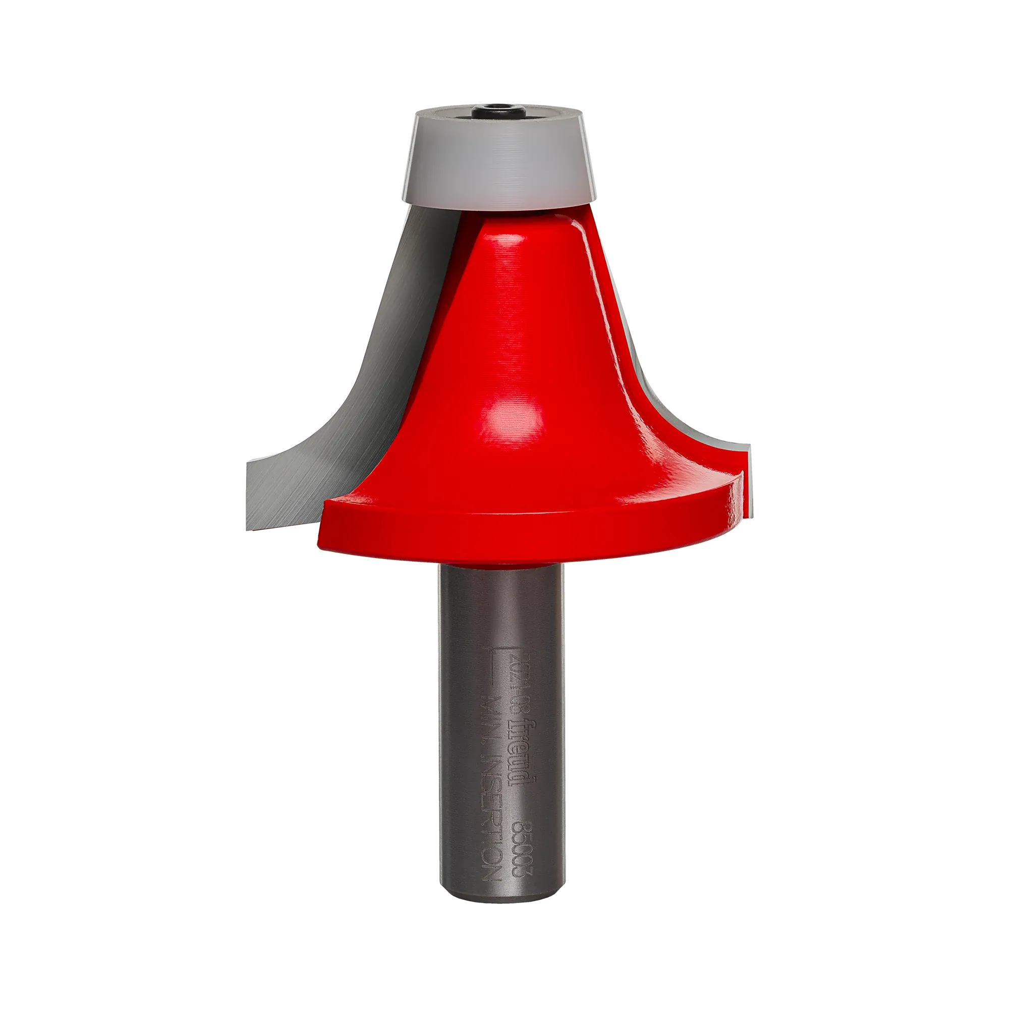Studio shot of the Freud 85-003 Round Over Bowl Router Bit featuring a red Perma-SHIELD coated body, a 1/2-inch shank, and a white non-marring synthetic conical bearing at the top.