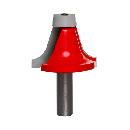 Studio shot of the Freud 85-003 Round Over Bowl Router Bit featuring a red Perma-SHIELD coated body, a 1/2-inch shank, and a white non-marring synthetic conical bearing at the top.