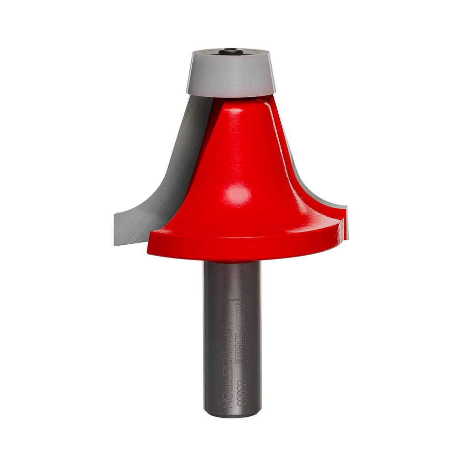 Studio shot of the Freud 85-003 Round Over Bowl Router Bit featuring a red Perma-SHIELD coated body, a 1/2-inch shank, and a white non-marring synthetic conical bearing at the top.