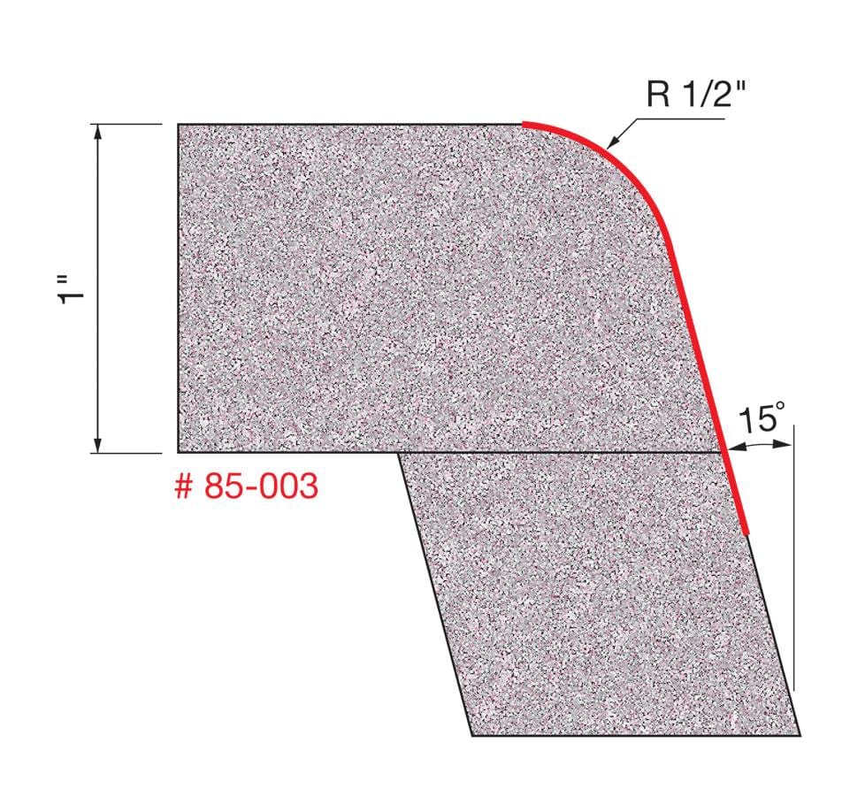 Technical drawing of the cut profile for model #85-003 on a 1-inch thick solid surface material. A red line traces a 1/2-inch radius roundover curve on the top corner and a 15-degree bevel flush trim on the bowl face.