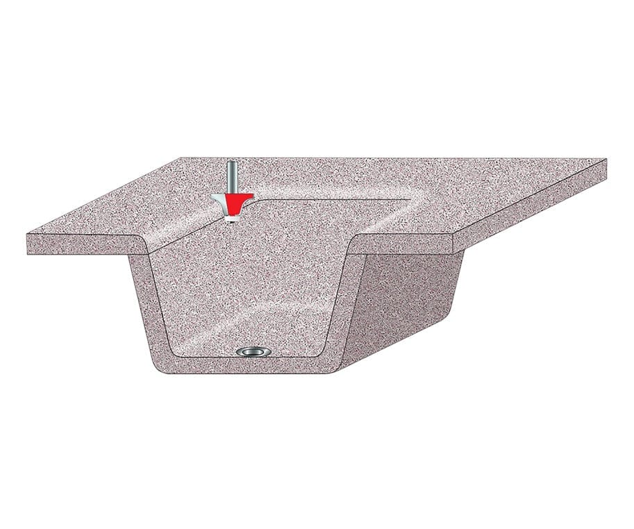 Illustration showing the Freud 85-003 router bit trimming the joint between a solid surface countertop and an undermount sink bowl. The bit is positioned to round the top edge and flush trim the bowl face.