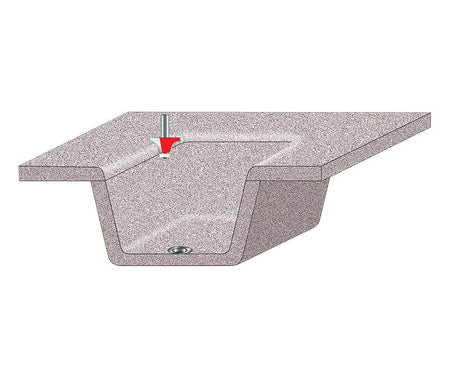 Illustration showing the Freud 85-003 router bit trimming the joint between a solid surface countertop and an undermount sink bowl. The bit is positioned to round the top edge and flush trim the bowl face.