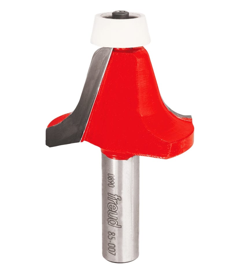 Studio shot of the Freud 85-007 Ogee Bowl Router Bit. It features a red coated body, a 1/2-inch shank, and a white non-marring synthetic conical bearing at the top.