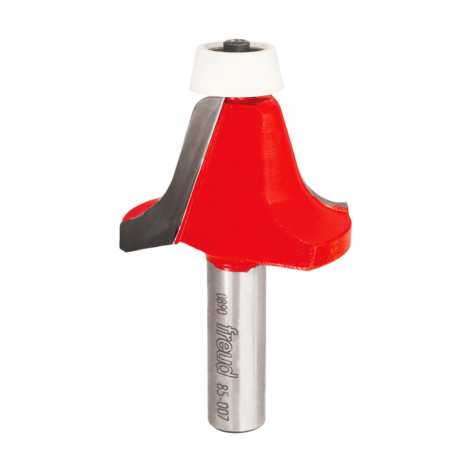 Studio shot of the Freud 85-007 Ogee Bowl Router Bit. It features a red coated body, a 1/2-inch shank, and a white non-marring synthetic conical bearing at the top.