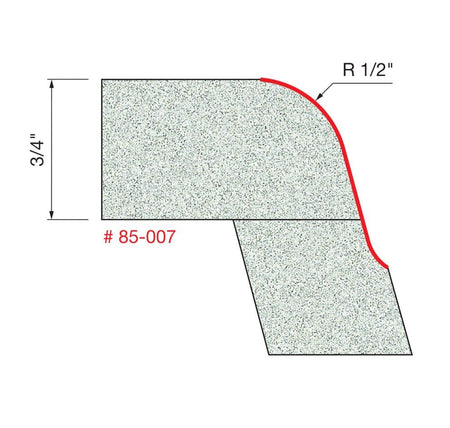 Technical drawing of the cut profile for model #85-007 on a 3/4-inch thick material. A red line traces an ogee profile with a 1/2-inch radius curving into the material.