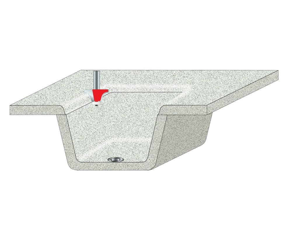 Illustration showing the Freud 85-007 router bit trimming the joint between a solid surface countertop and an undermount sink bowl. The bit is positioned to round the top edge and flush trim the bowl face.