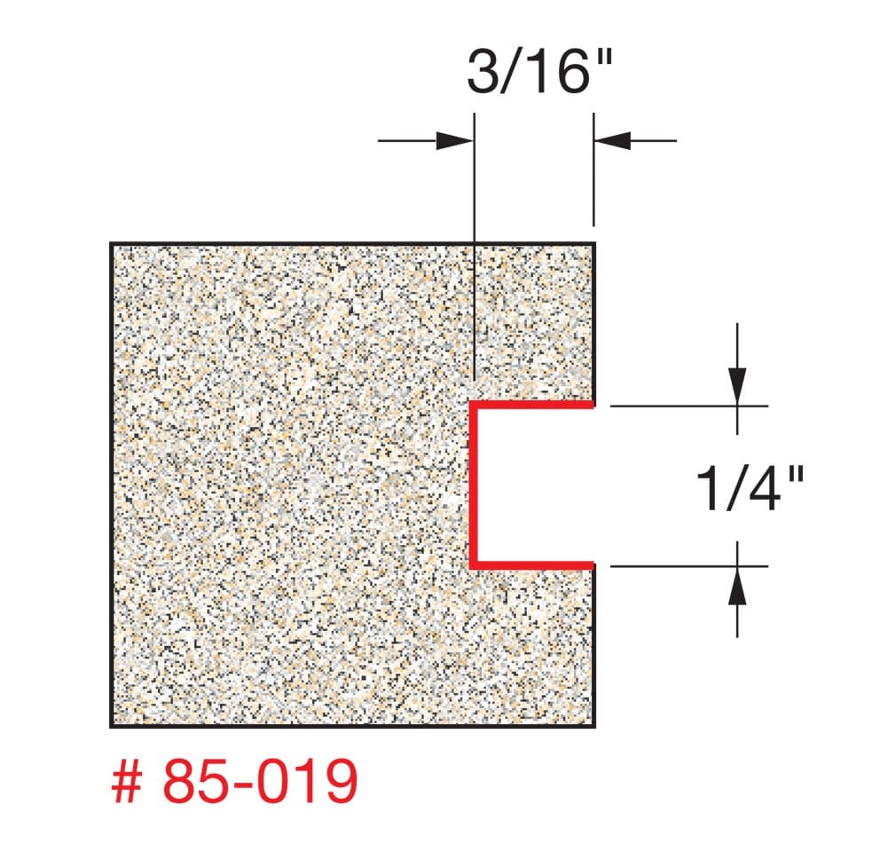 Technical diagram illustrating the cross-section profile created by the Freud 85-019 bit, indicating a 3/16 inch cut depth and a 1/4 inch cut height.