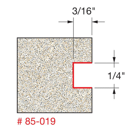 Technical diagram illustrating the cross-section profile created by the Freud 85-019 bit, indicating a 3/16 inch cut depth and a 1/4 inch cut height.