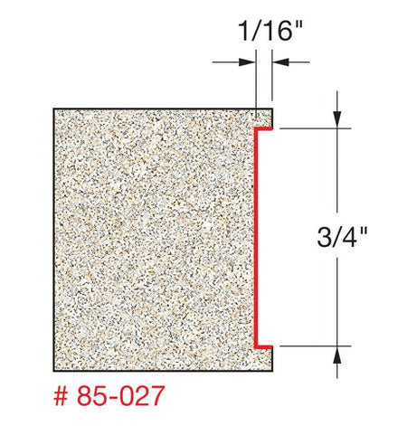 Technical diagram illustrating the cross-section profile created by the Freud 85-027 bit, indicating a 1/16 inch cut depth and a 3/4 inch cut height.