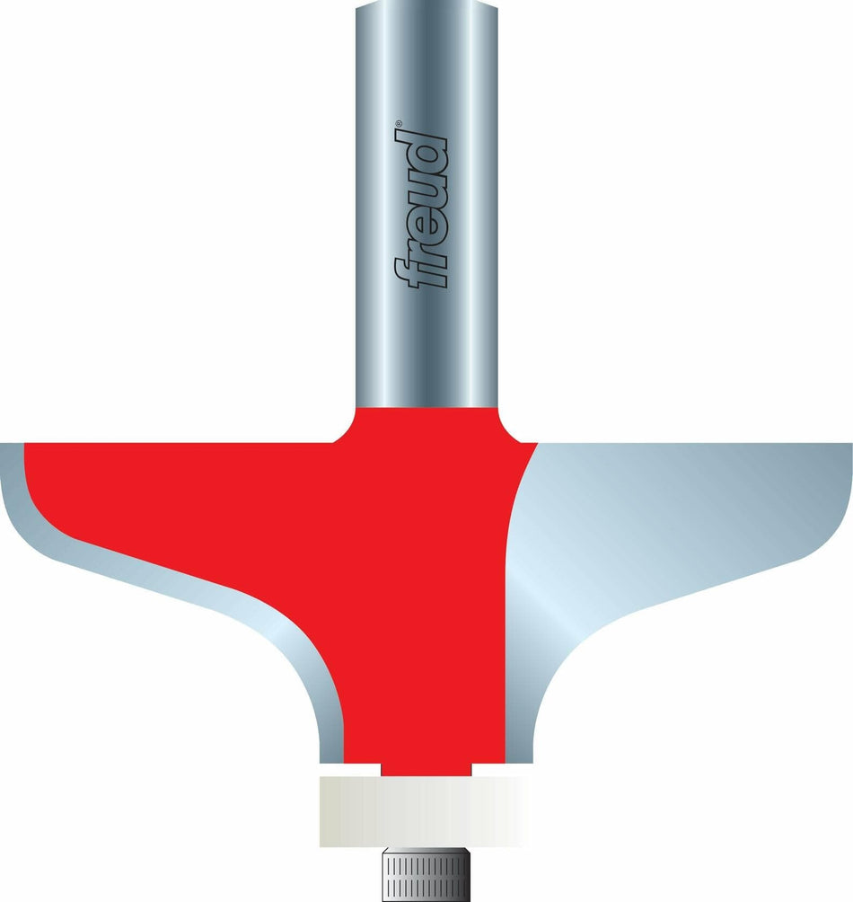 Woodworking bit with red and gray design on a white background