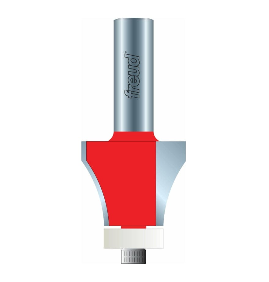 Wood router bit with red and silver design on a white background