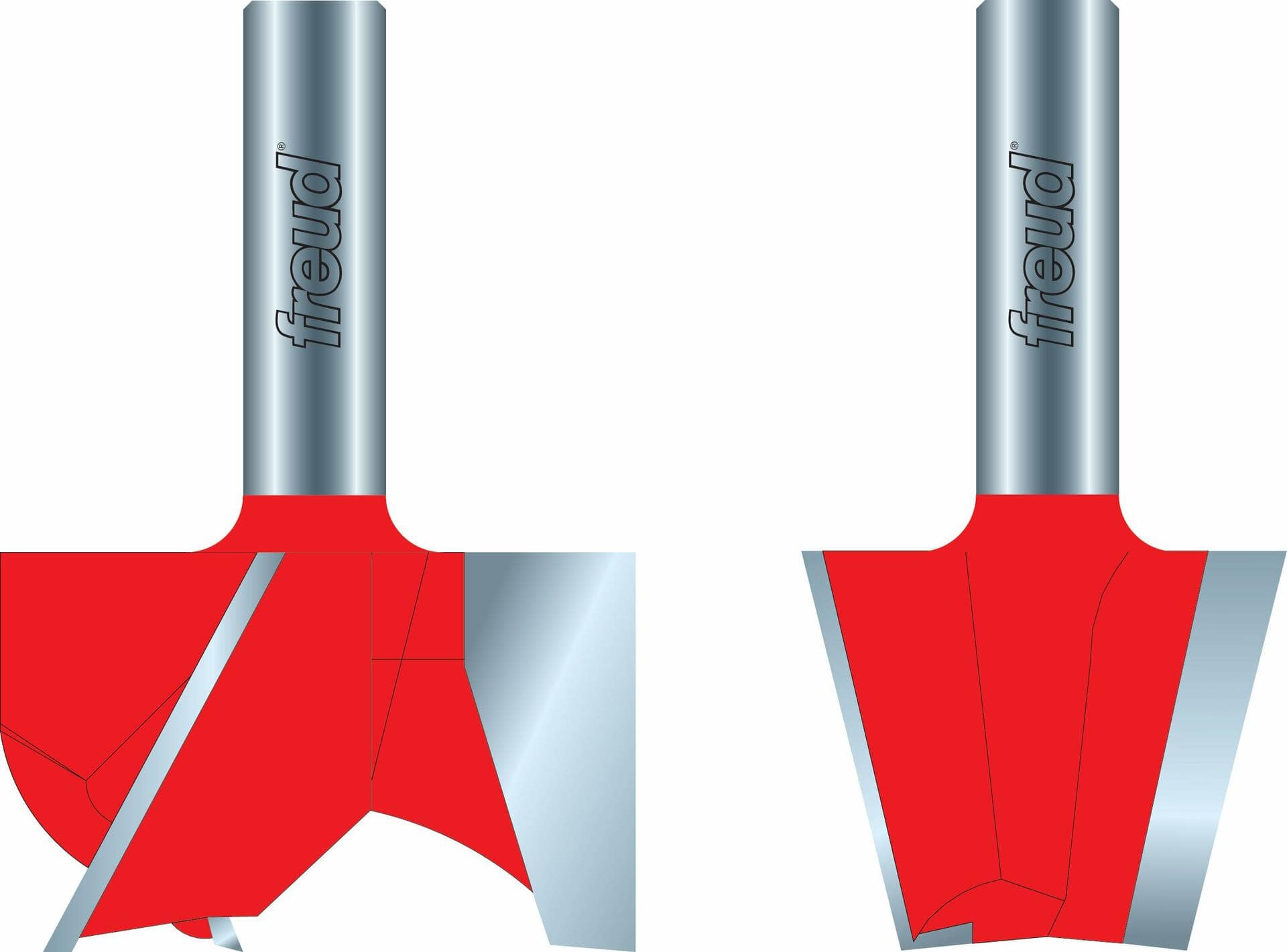 Two red and silver Freud router bits on a white background