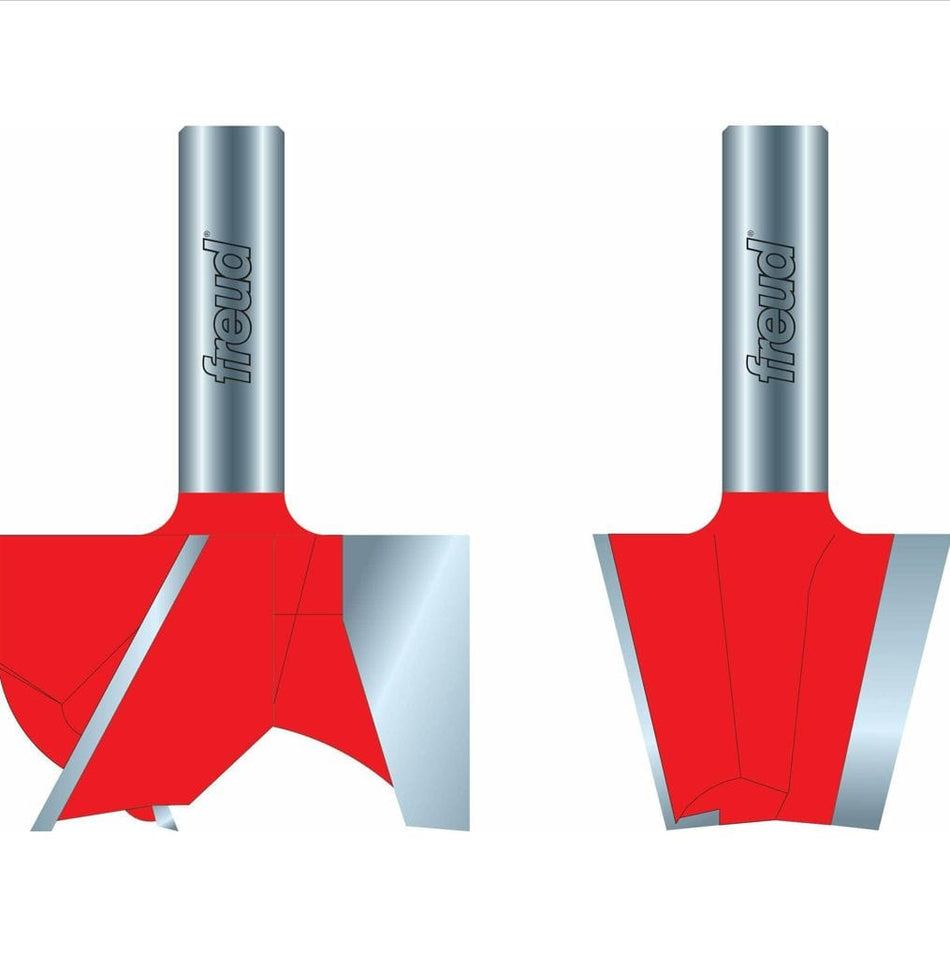 Two red and silver Freud router bits on a white background