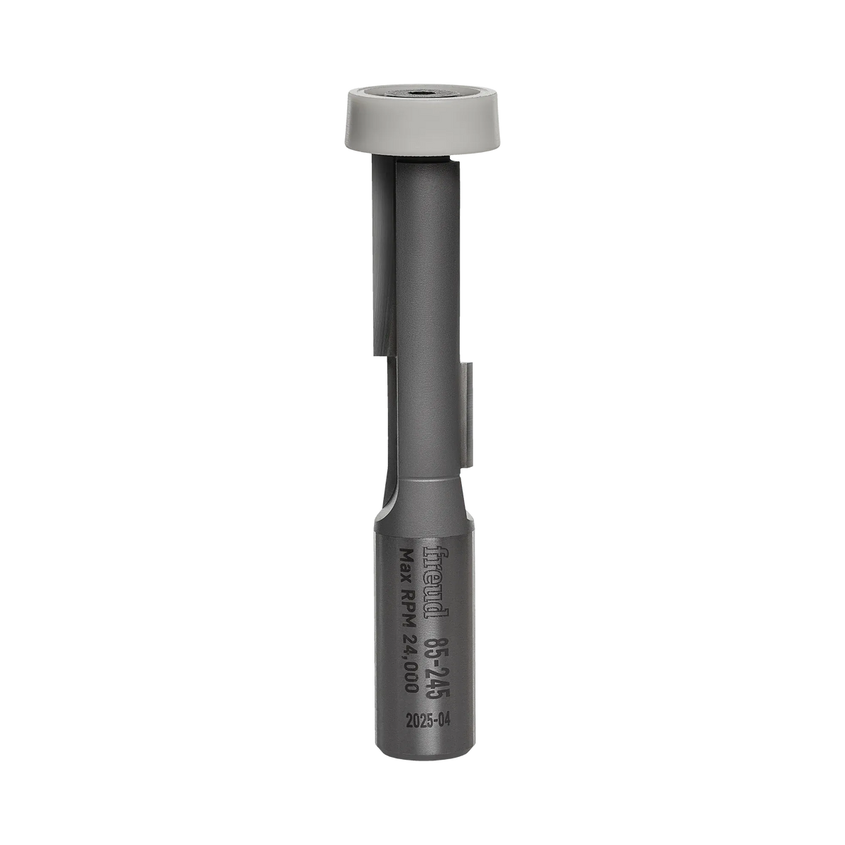 Studio shot of the Freud 85-245 router bit showing the grey steel body, carbide cutting edges, and white synthetic bearing at the top.