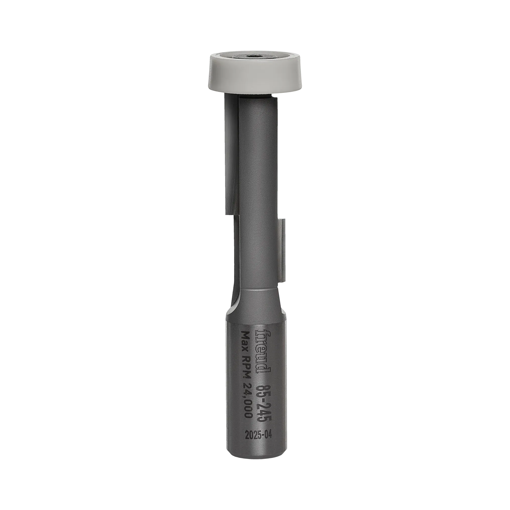 Studio shot of the Freud 85-245 router bit showing the grey steel body, carbide cutting edges, and white synthetic bearing at the top.