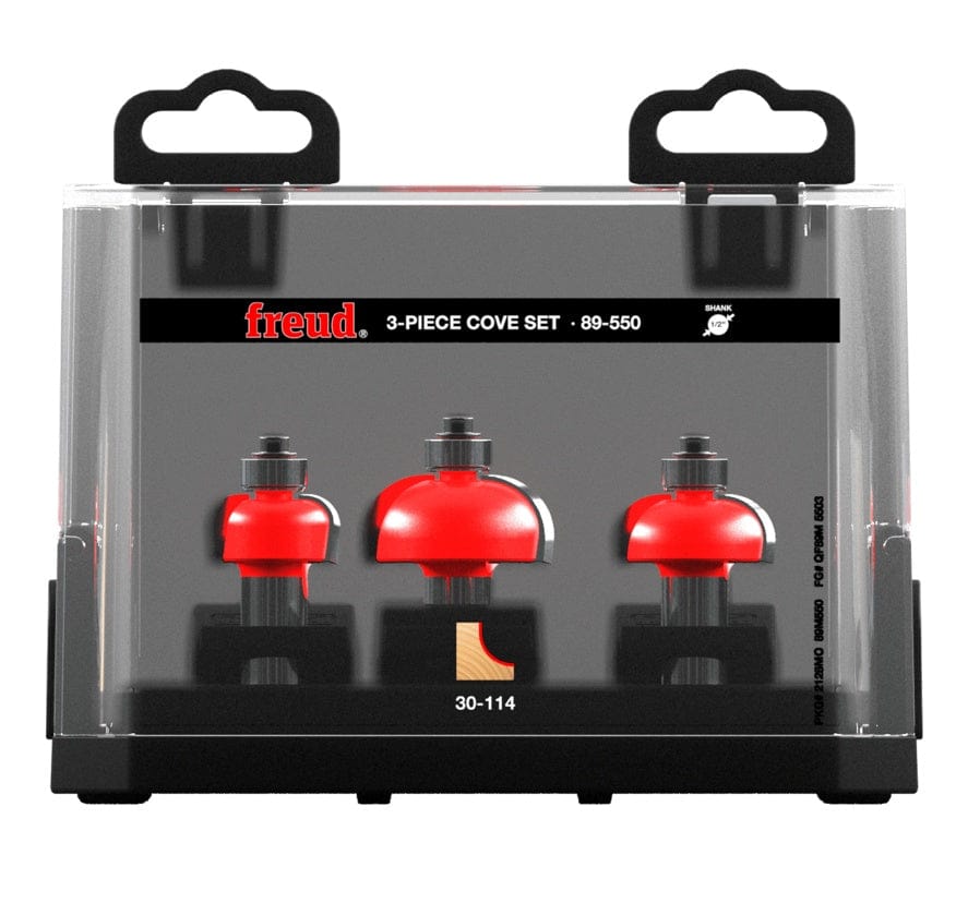 The Freud 89-550 3-piece cove bit set displayed inside its clear-fronted plastic storage case with black handles.