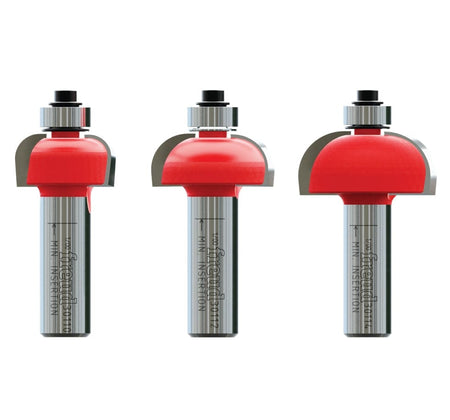 A studio image of the three red Freud cove bits from the 89-550 set, models 30-110, 30-112, and 30-114, lined up in a row.