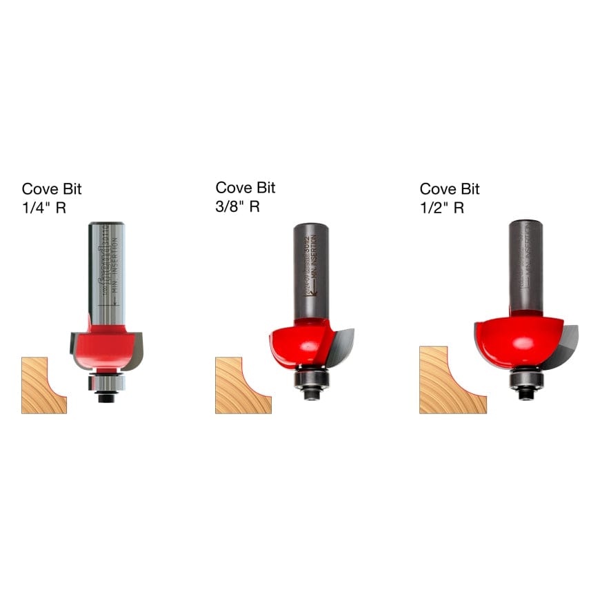 A comparative diagram showing the three cove bits in the set, 1/4-inch R, 3/8-inch R, and 1/2-inch R, each next to a wood profile showing the concave cut it produces.