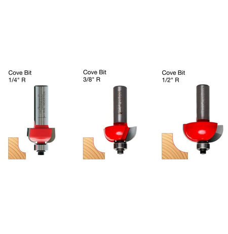 A comparative diagram showing the three cove bits in the set, 1/4-inch R, 3/8-inch R, and 1/2-inch R, each next to a wood profile showing the concave cut it produces.