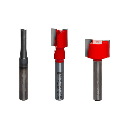 Studio shot of the three-piece Freud router bit set standing upright, showing the varying cutting diameters designed for 1/4, 1/2, and 3/4 inch plywood, all with red Perma-SHIELD coating.