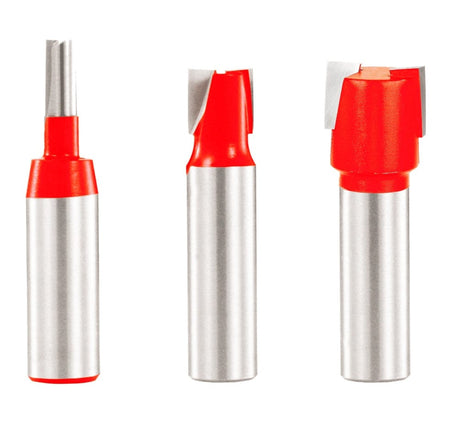 A studio shot of the three mortising router bits included in the Freud 89-670 set, featuring red Perma-SHIELD coating and carbide-tipped edges in 7/32 inch, 15/32 inch, and 23/32 inch diameters.