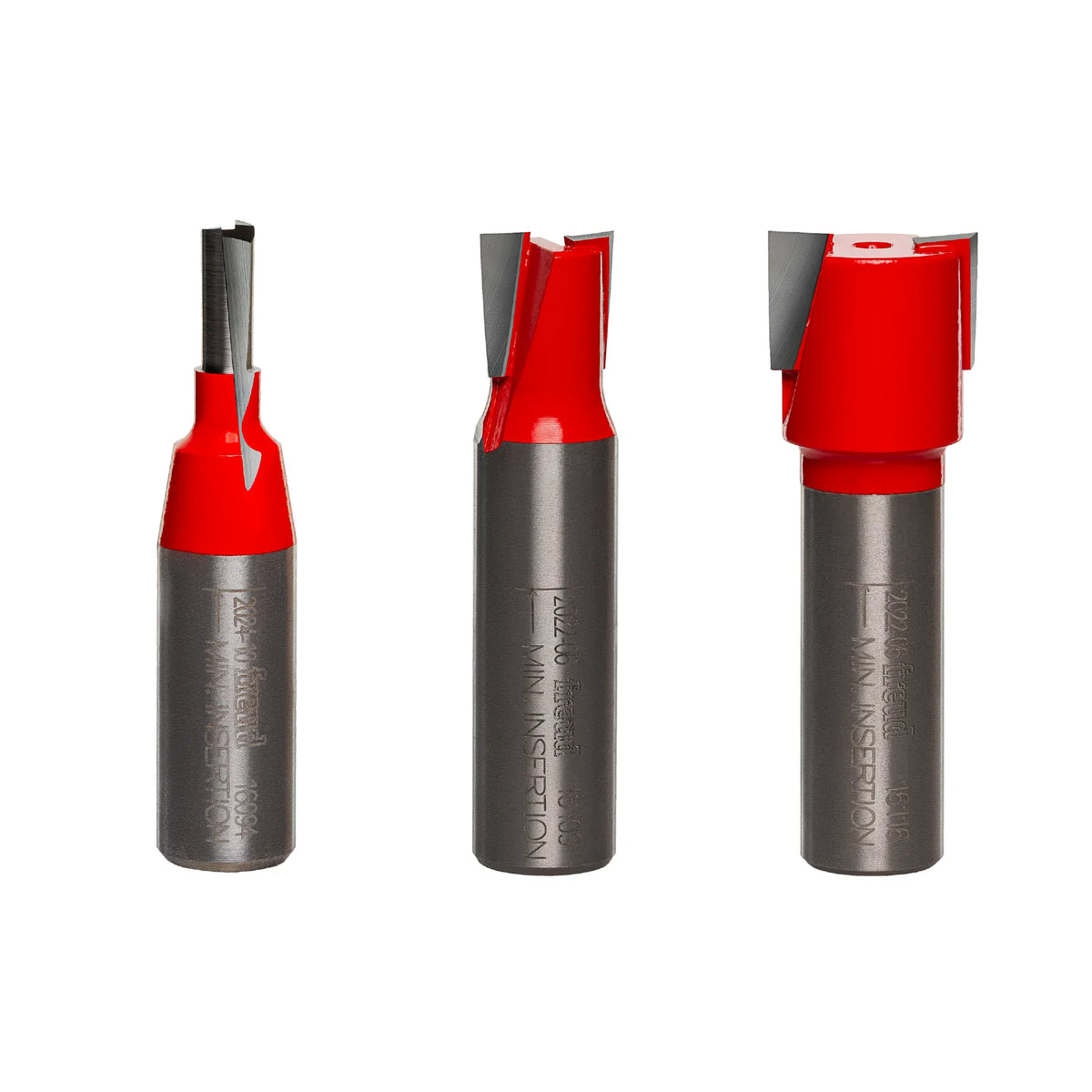 A studio shot of the three mortising router bits included in the Freud 89-670 set, featuring red Perma-SHIELD coating and carbide-tipped edges in 7/32 inch, 15/32 inch, and 23/32 inch diameters.