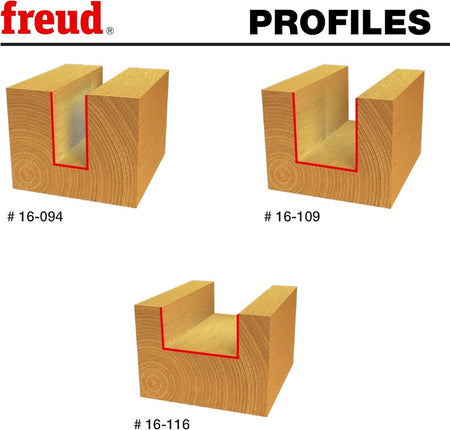 Technical profile diagrams demonstrating the precise grooves and dadoes created by the 16-094, 16-109, and 16-116 bits to perfectly match the true thickness of undersized plywood panels.