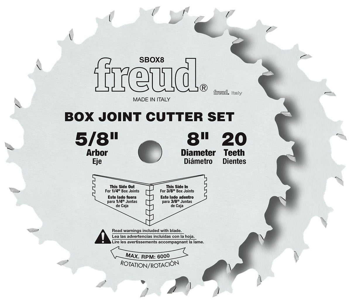 Freud SBOX8 8-inch box joint cutter set showing the two stacked carbide blades with markings for 1/4 inch and 3/8 inch groove adjustments and a 5/8 inch arbor.