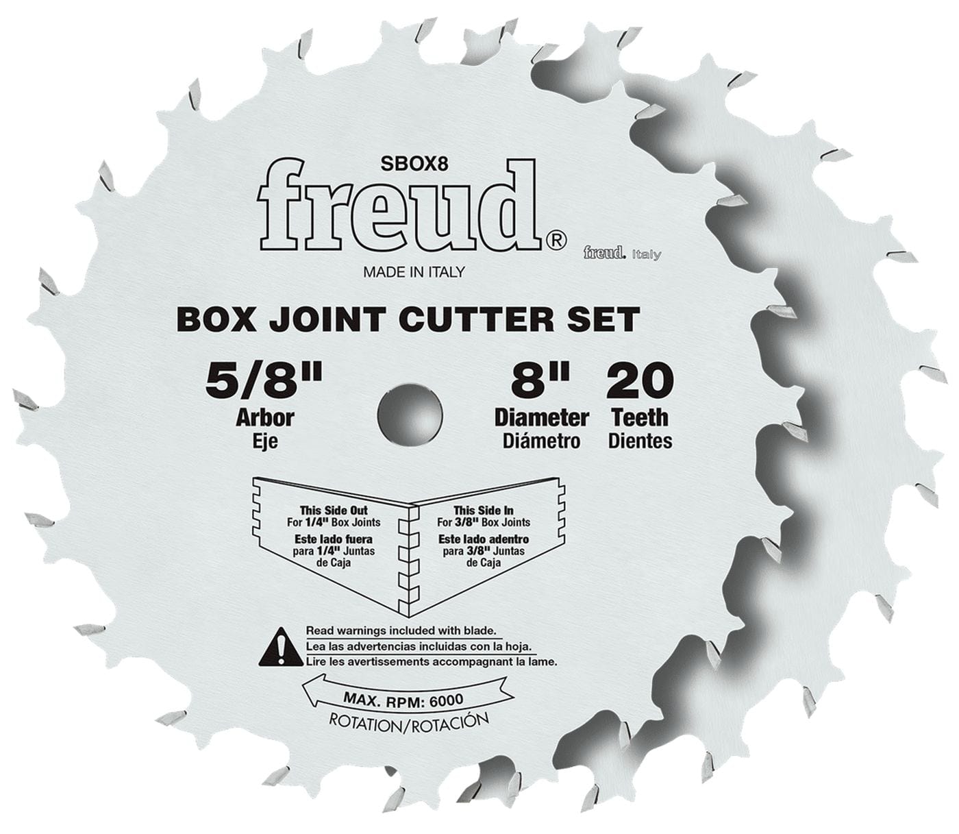 Freud SBOX8 8-inch box joint cutter set showing the two stacked carbide blades with markings for 1/4 inch and 3/8 inch groove adjustments and a 5/8 inch arbor.