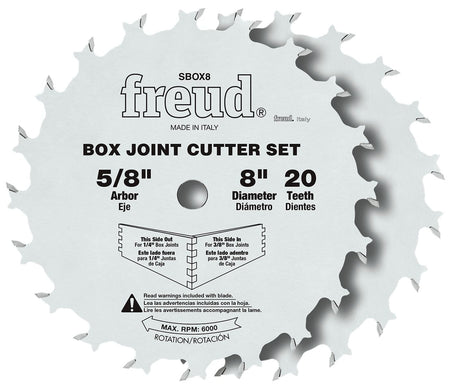 Freud SBOX8 8-inch box joint cutter set showing the two stacked carbide blades with markings for 1/4 inch and 3/8 inch groove adjustments and a 5/8 inch arbor.