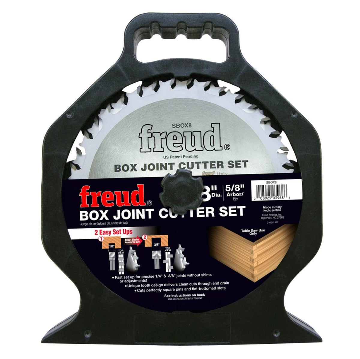 Retail packaging for the Freud SBOX8 box joint cutter set in a durable black carrying case, highlighting the easy setup for precise furniture-grade joints on a table saw.