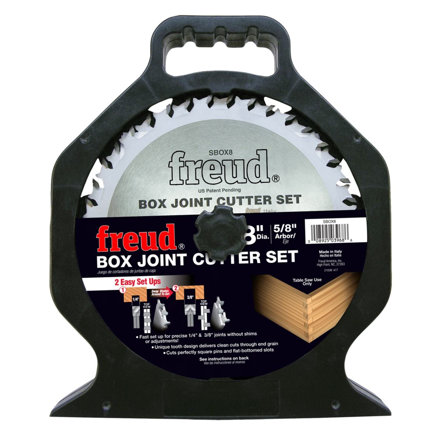 Retail packaging for the Freud SBOX8 box joint cutter set in a durable black carrying case, highlighting the easy setup for precise furniture-grade joints on a table saw.