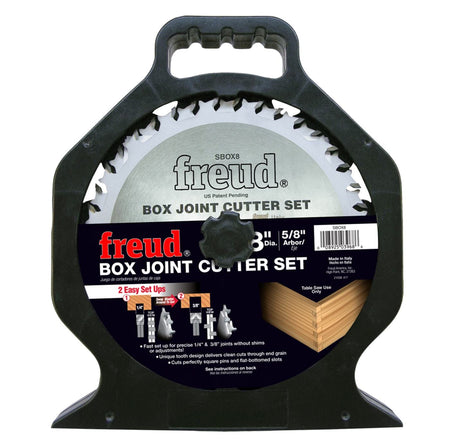 Retail packaging for the Freud SBOX8 box joint cutter set in a durable black carrying case, highlighting the easy setup for precise furniture-grade joints on a table saw.