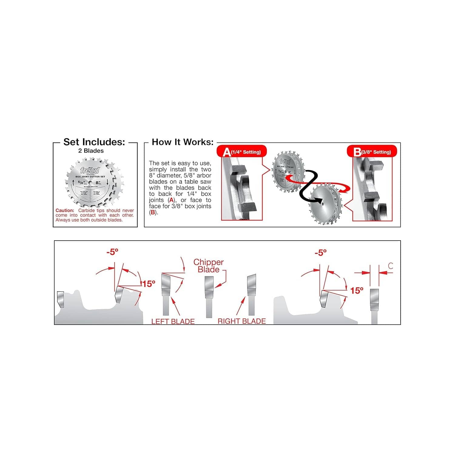 Technical diagram for the Freud SBOX8 illustrating how to install the two 8-inch blades back-to-back for 1/4 inch joints or face-to-face for 3/8 inch box joints, including tooth geometry details.