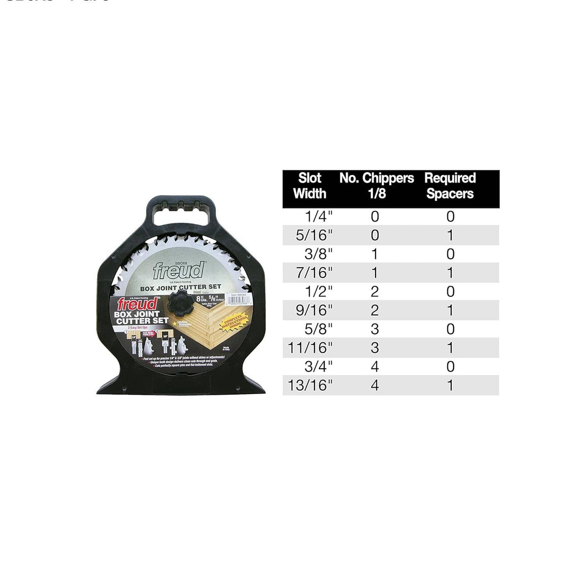 A comprehensive slot width adjustment table for the Freud SBOX8 set, showing required chipper and spacer configurations to achieve custom groove widths from 1/4 inch to 13/16 inch.