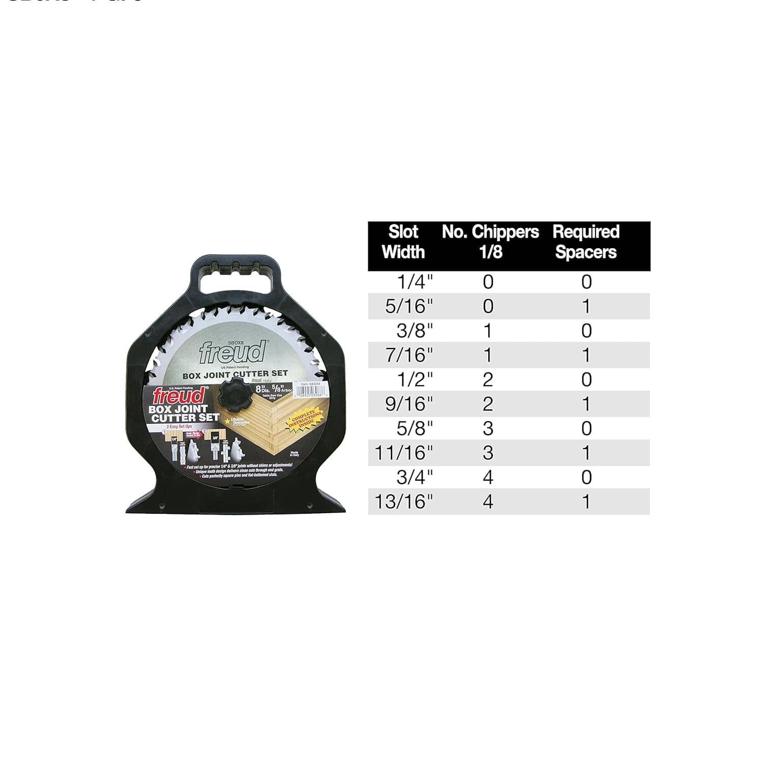 A comprehensive slot width adjustment table for the Freud SBOX8 set, showing required chipper and spacer configurations to achieve custom groove widths from 1/4 inch to 13/16 inch.