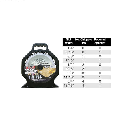 A comprehensive slot width adjustment table for the Freud SBOX8 set, showing required chipper and spacer configurations to achieve custom groove widths from 1/4 inch to 13/16 inch.
